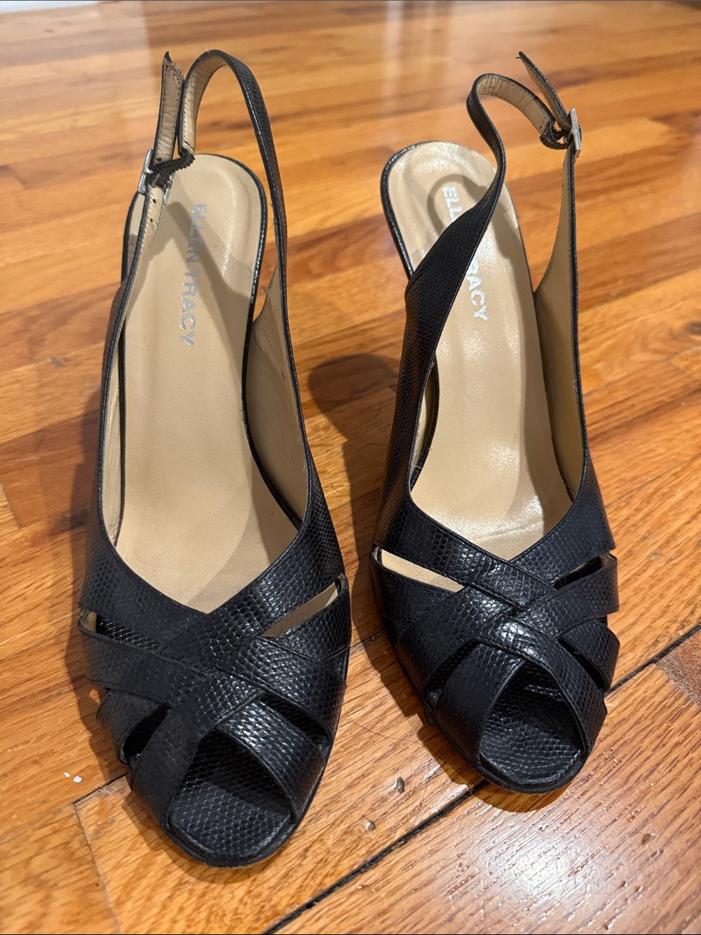 Ellen Tracy Black Textured 4in heel Peep-Toe Slingback Sandals